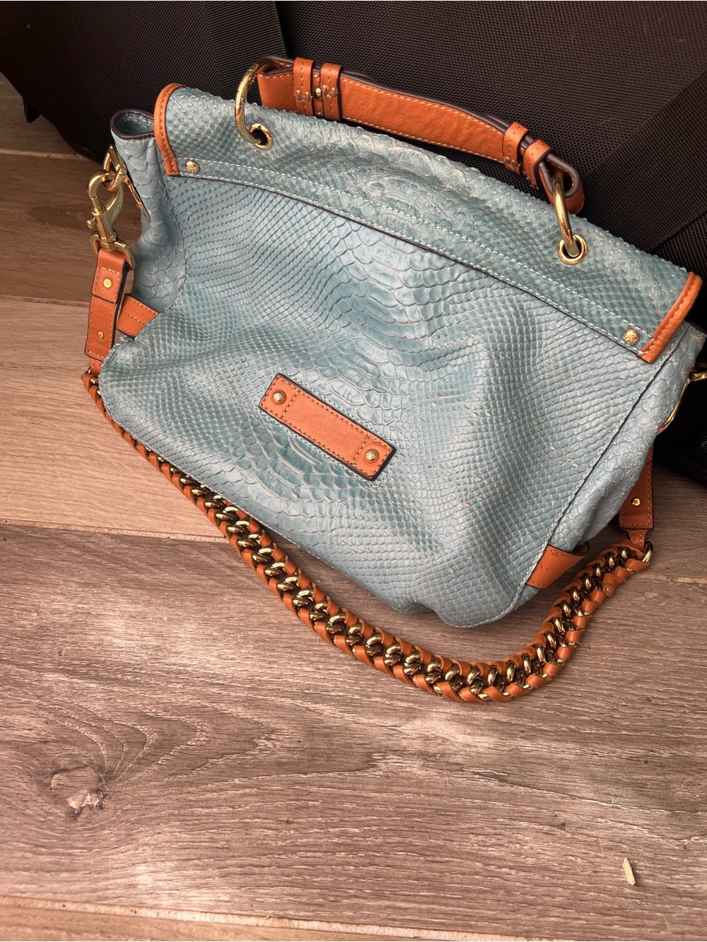 Mulberry Alexa Blue Snake Embossed Satchel with Tan Trim and Gold Hardware - Picture 3 of 5